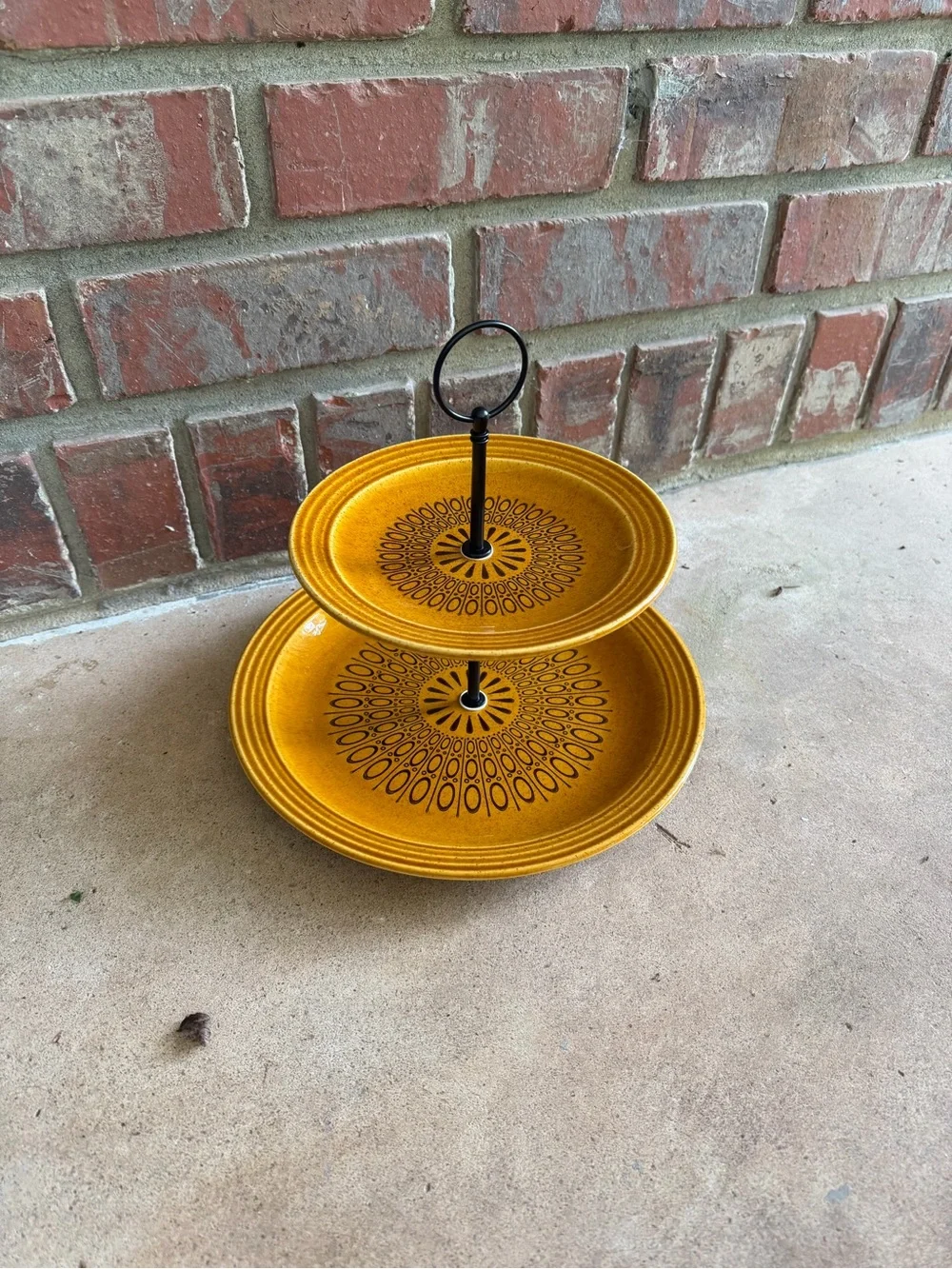 Homer Laughlin Speckled Mustard Yellow Plate Tiered Tray - Handmade